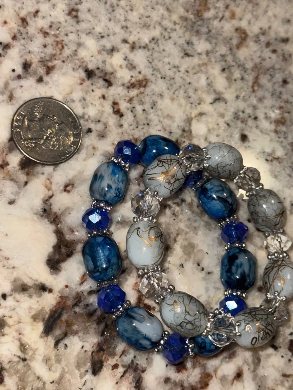 Boho Blue White Gold Veined Glass Beaded Stackable Stretch Bracelets